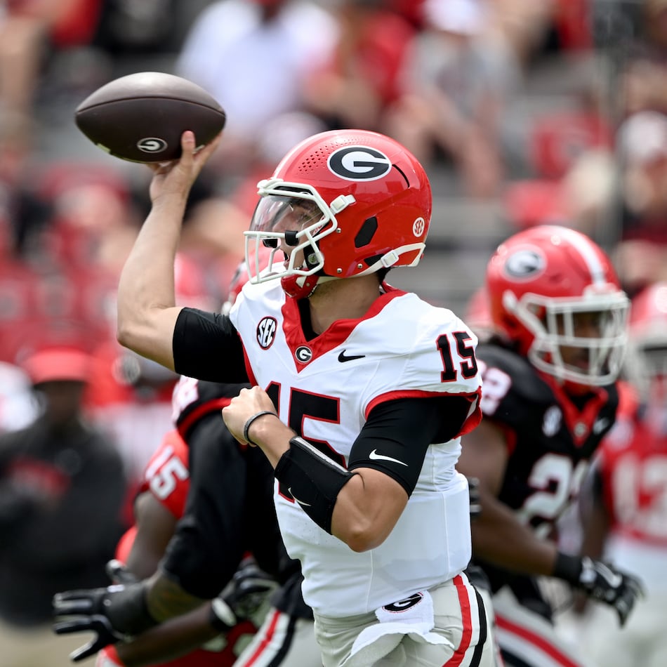Georgia quarterback Ryan Montgomery — pictured during the G-Day spring football gamein April — appears to have tightened the race with Ryan Puglisi for the backup quarterback role behind Gunner Stockton. (Hyosub Shin/AJC)
