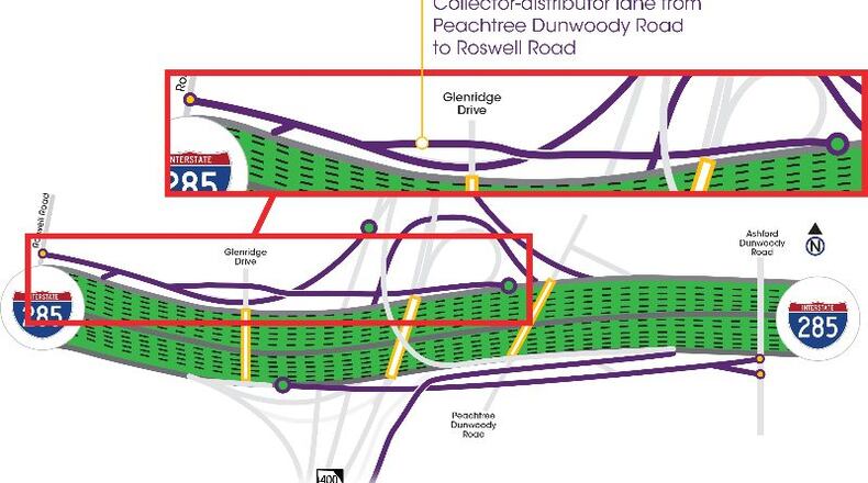 Collector-Distributor lane from Peachtree Dunwoody Road to Roswell Road. (Courtesy Georgia DOT)