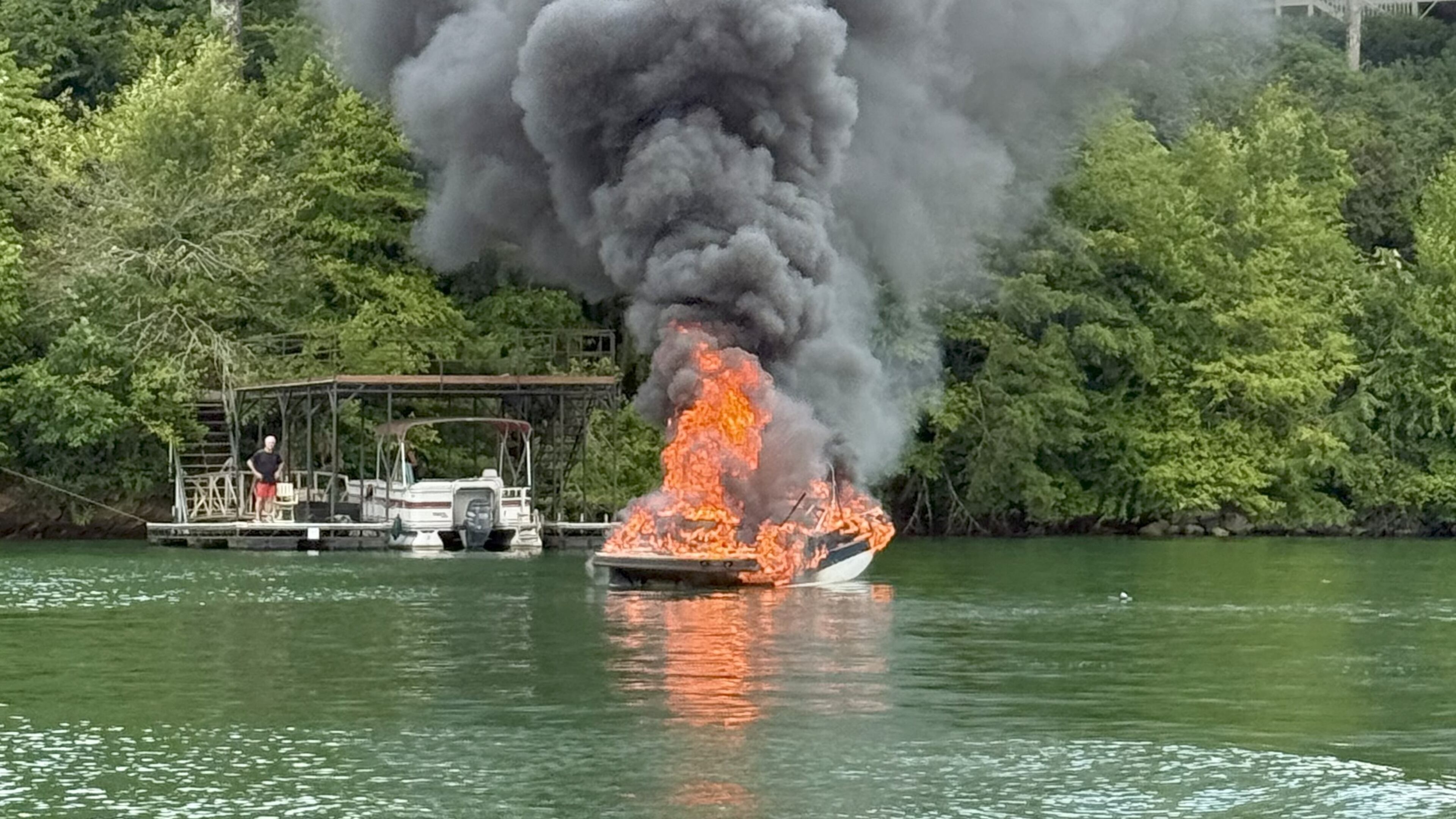 The Miller family's boat went up in flames on the Fourth of July on Lake Nottely in northeast Georgia. (Courtesy of Art Miller)