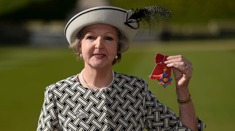 FILE - Dame Penelope Keith after she was made a Dame Commander for services to the Arts and to charity during an Investiture ceremony at Windsor Castle, England, July 3, 2014. (Andrew Matthews/PA via AP, File)
