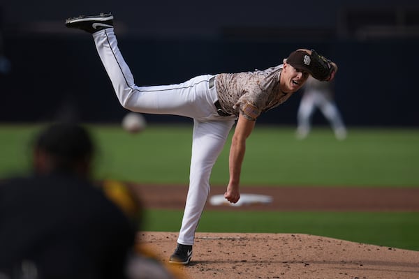 San Diego Padres starting pitcher Nick Pivetta works against an Atlanta Braves batter during the first inning of a baseball game Sunday, March 30, 2025, in San Diego. (AP Photo/Gregory Bull)