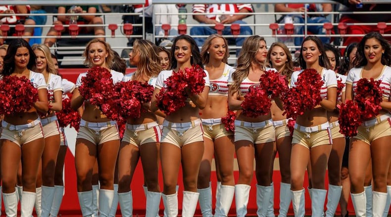 San Francisco 49ers cheerleaders on the sidelines during the first quarter against the Arizona Cardinals at Levi's Stadium on October 7, 2018 in Santa Clara, California.