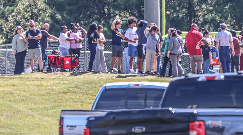Four people were killed and nine others taken to various hospitals in a shooting at Apalachee High School in Barrow County, the GBI said Wednesday afternoon. (John Spink/AJC)