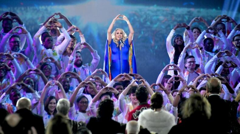 Carrie Underwood set a hopeful tone at the Country Music Association Awards with her song "Love Wins." The 52nd annual ceremony took place at Nashville's Bridgestone  Arena on Nov. 14, 2018. (Photo by Michael Loccisano/Getty Images)