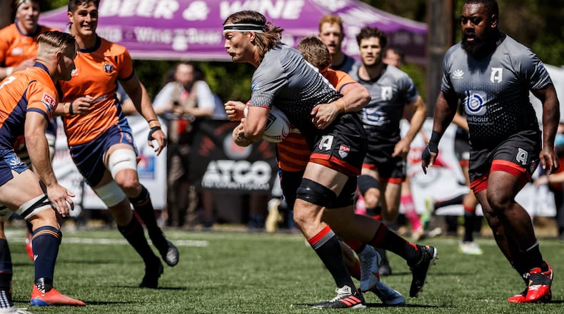 Rugby ATL's Jason Damm competes against Rugby United New York at Life University earlier this season.