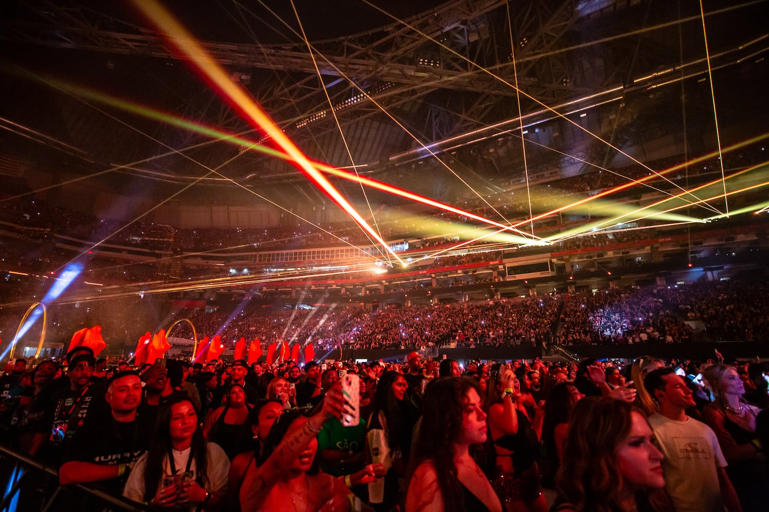 The Weeknd electrifies the Atlanta crowd at Mercedes-Benz Stadium on Thursday, Aug. 21, 2025, bringing Playboi Carti and Future along for the ride. (Ryan Fleisher for the AJC)