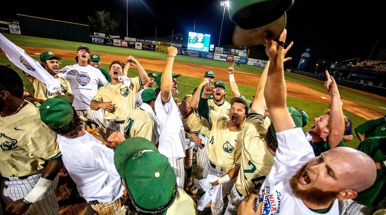 Members of the Georiga Gwinnett College baseball team celebrate its NAIA World Series title.