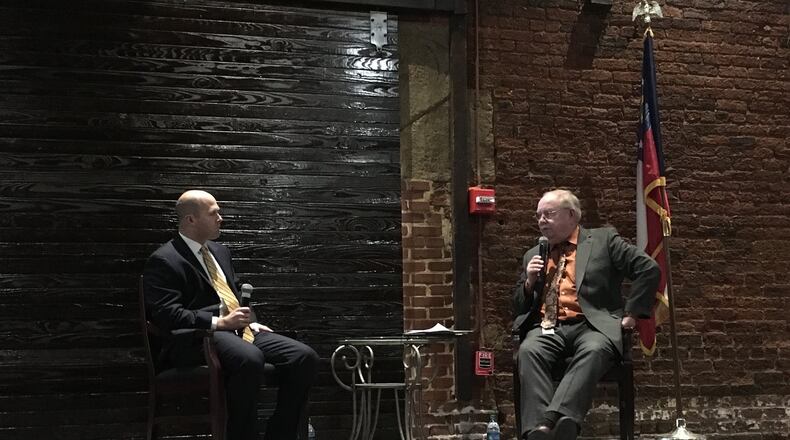 Republican Hunter Hill is interviewed by the AJC's Jim Galloway at a gubernatorial forum.