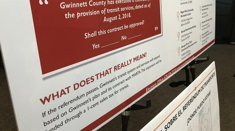 A poster explaining the ballot question for Gwinnett County’s upcoming MARTA referendum. TYLER ESTEP / TYLER.ESTEP@AJC.COM
