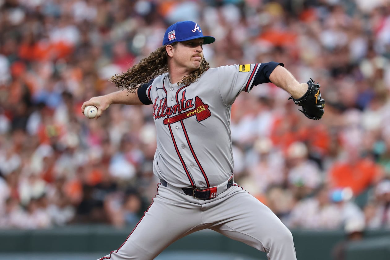 Atlanta Braves pitcher Grant Holmes throws during the third inning of a baseball game against the Baltimore Orioles, Friday, July 24, 2026, in Baltimore. (AP Photo/Terrance Williams)