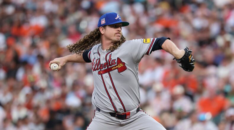 Atlanta Braves pitcher Grant Holmes throws during the third inning of a baseball game against the Baltimore Orioles, Friday, July 24, 2026, in Baltimore. (AP Photo/Terrance Williams)