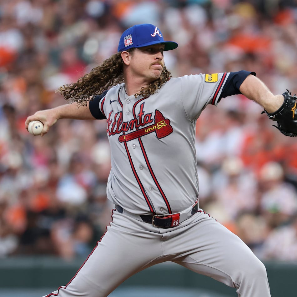 Atlanta Braves pitcher Grant Holmes throws during the third inning of a baseball game against the Baltimore Orioles, Friday, July 24, 2026, in Baltimore. (AP Photo/Terrance Williams)
