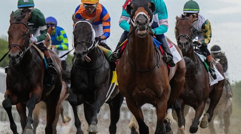 FILE - Taj Mahal and other horses compete during the 151st running of the Preakness Stakes horse race, May 16, 2026, at Laurel Park in Laurel, Md. (AP Photo/Julia Demaree Nikhinson, File)