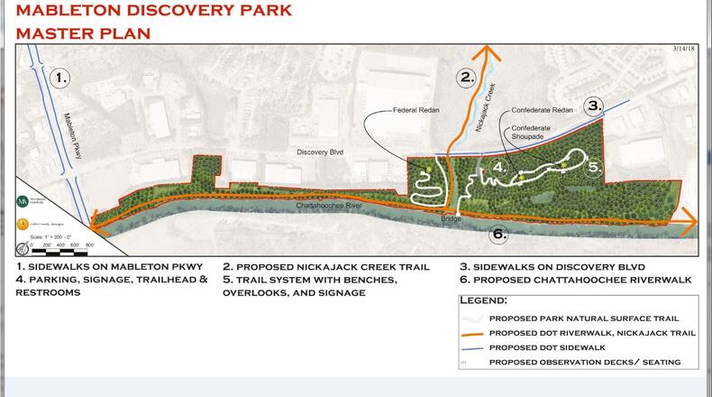 The proposed master plan for a park on the Chattahoochee in Mableton, originally concieved as Mableton Discovery Park (Courtesy of Cobb County)