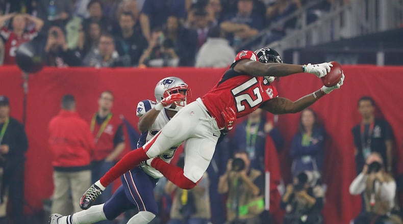 Former Bengals wide receiver Mohamed Sanu of the Atlanta Falcons makes a catch against the Patriots during Super Bowl 51 at NRG Stadium on February 5 in Houston.