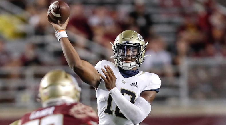Georgia Tech quarterback Jeff Sims (10) attempts a pass against the Florida State Seminoles on Saturday, Sept. 12, 2020, at Doak Campbell Stadium in Tallahassee, Fla. (Don Juan Moore/Character Lines)