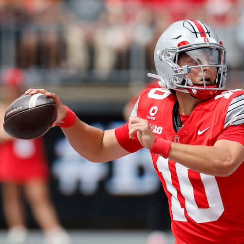 Ohio State quarterback Julian Sayin throws a pass against Ball State during the first half of an NCAA college football game, Saturday, Sept. 5, 2026, in Columbus, Ohio. (AP Photo/Jay LaPrete)