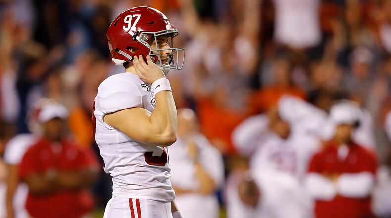 Alabama kicker Joseph Bulovas stares in disbelief after missing a game-tying 20-yard field goal in the final minutes of their 48-45 loss to the Auburn Tigers Nov. 30, 2019, at Jordan Hare Stadium in Auburn, Ala.