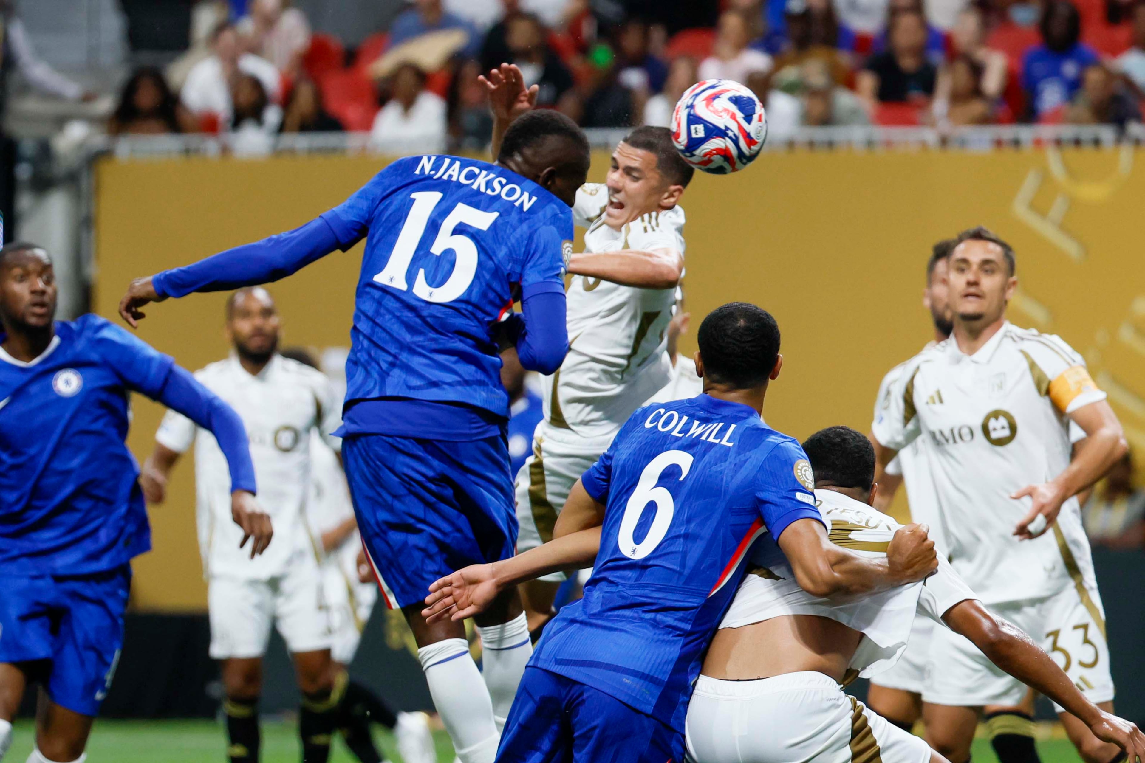 Chelsea forward Nicolas Jackson (15) goes up for a header during the Club World Cup group D soccer match between Chelsea and Los Angeles FC at Mercedes-Benz Stadium on Monday, June 16, 2025.
(Miguel Martinez/ AJC)
