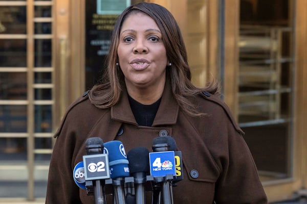 FILE - New York Attorney General Letitia James speaks during a news conference outside Manhattan federal court in New York on Feb. 14, 2025. (AP Photo/Yuki Iwamura, File)