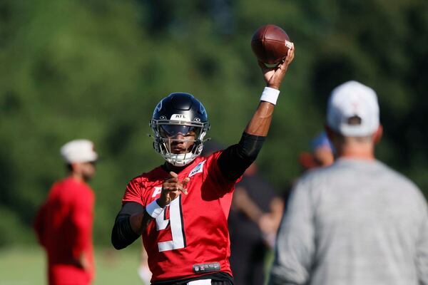 Atlanta Falcons quarterback Michael Penix Jr. (9) throws the ball during training camp at the Falcons Practice Facility, on Sunday, July 27, in Flowery Branch, Ga.
(Miguel Martinez/ AJC)