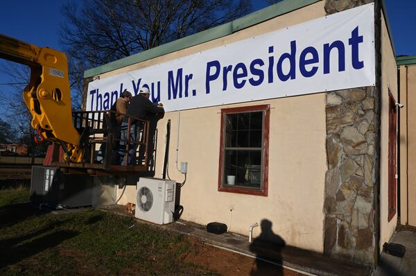 A  banner going up in Plains to show appreciation for former President Jimmy Carter.