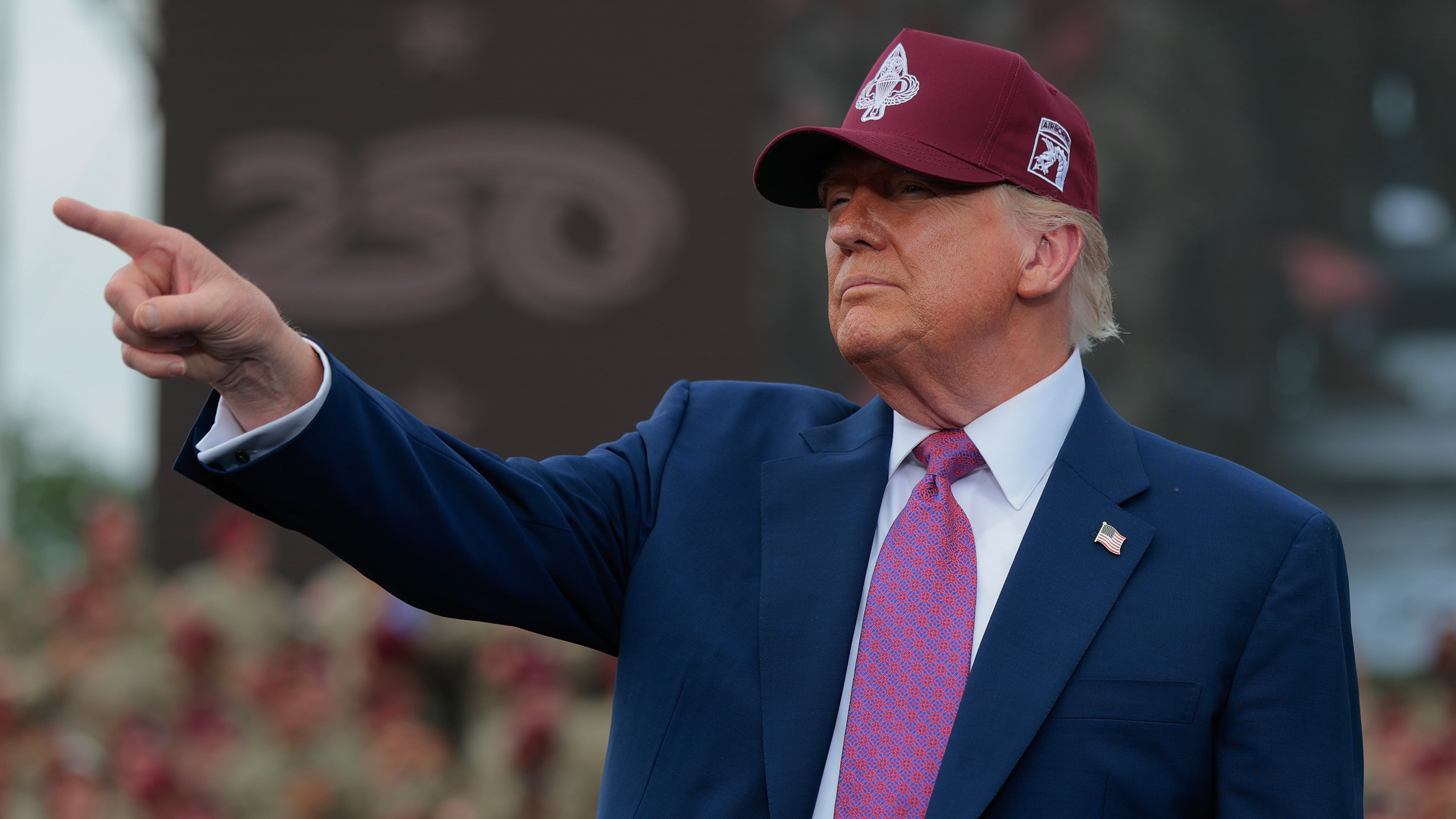 President Donald Trump takes the stage during a rally with U.S. Army troops on June 10, 2025, at Fort Bragg, North Carolina. (Anna Moneymaker/Getty Images/TNS)