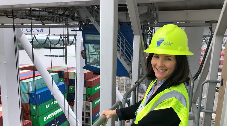 Atlanta Journal-Constitution columnist Patricia Murphy, overlooking the Port of Savannah, part of the Georgia Ports Authority, for the Georgia Politics Road Trip