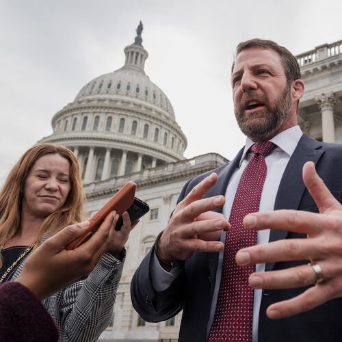 FILE - Sen. Markwayne Mullin, R-Okla., speaks with reporters on the steps at the Capitol in Washington, Thursday, March 5, 2026. (AP Photo/J. Scott Applewhite, File)