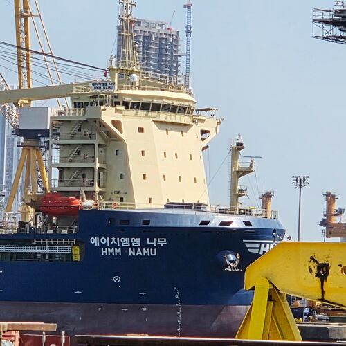 The South Korean-operated vessel HMM NAMU is docked after being damaged from a fire following an explosion in the Strait of Hormuz, at a port in Dubai, United Arab Emirates, Friday, May 8, 2026. (Kim Sang-hun/Yonhap via AP)