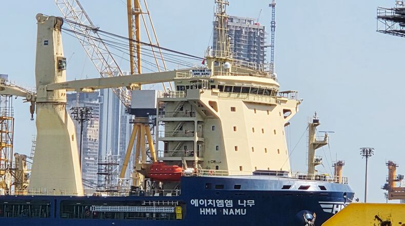 The South Korean-operated vessel HMM NAMU is docked after being damaged from a fire following an explosion in the Strait of Hormuz, at a port in Dubai, United Arab Emirates, Friday, May 8, 2026. (Kim Sang-hun/Yonhap via AP)