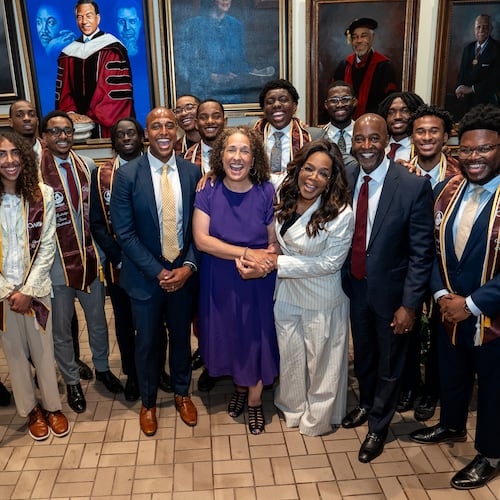 Oprah Winfrey poses with Morehouse College students who were recipients of her endowed scholarship program on Friday, April 24, 2026.