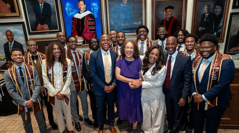 Oprah Winfrey poses with Morehouse College students who were recipients of her endowed scholarship program on Friday, April 24, 2026.
