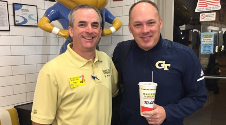 Waffle House vice president of people Will Mizell with Georgia Tech coach Geoff Collins at the Georgia Tech Waffle House on December 19, 2018. (Courtesy Waffle House)