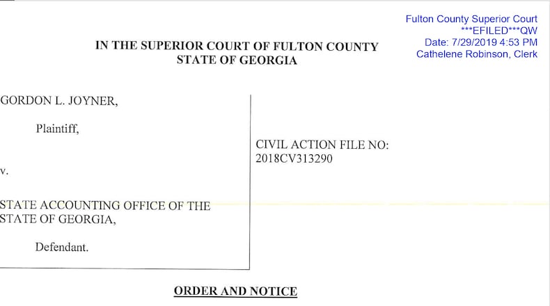 First page of Fulton County Superior Court Judge Shawn Ellen LaGrua's ruling on the motion filed by Gordon Joyner