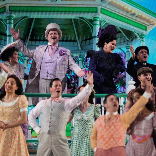 Ann Harada, from second left, Brad Oscar, Ana Gasteyer, Maulik Pancholy and the cast of "Schmigadoon!" perform during the 79th Tony Awards on Sunday, June 7, 2026, at Radio City Music Hall in New York. (Photo by Charles Sykes/Invision/AP)