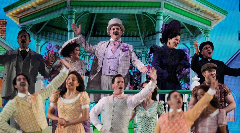 Ann Harada, from second left, Brad Oscar, Ana Gasteyer, Maulik Pancholy and the cast of "Schmigadoon!" perform during the 79th Tony Awards on Sunday, June 7, 2026, at Radio City Music Hall in New York. (Photo by Charles Sykes/Invision/AP)
