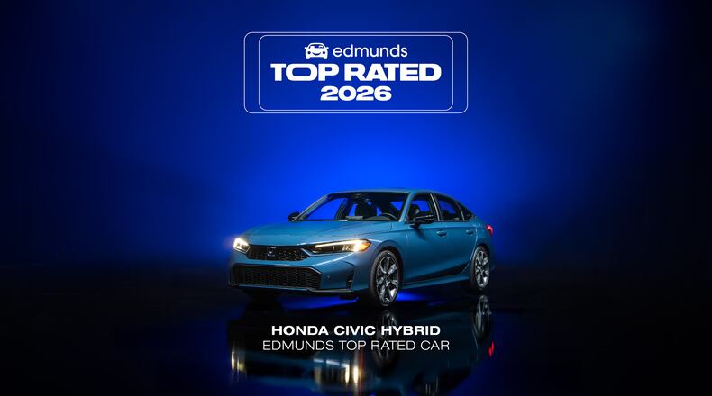 HOLD FOR 9am EST EMBARGO WEDNESDAY, FEB. 18 - This photo provided by Edmunds shows the Honda Civic Hybrid, the Edmunds Top Rated Car for 2026. (Courtesy of Edmunds via AP)