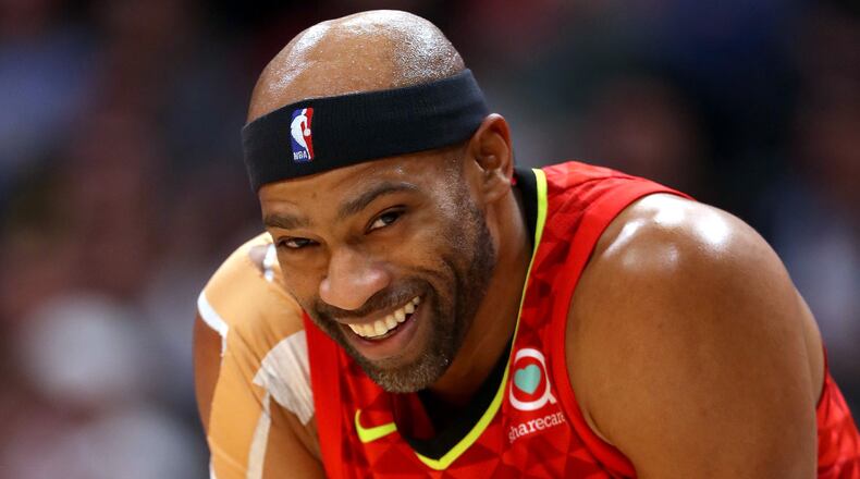 Vince Carter of the Atlanta Hawks plays the Denver Nuggets at the Pepsi Center on November 15, 2018 in Denver, Colorado.