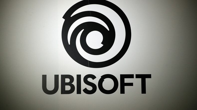 FILE - The logo of French video game publisher Ubisoft is pictured at the Paris games week in Paris, Nov. 4, 2017. (AP Photo/Christophe Ena, File)