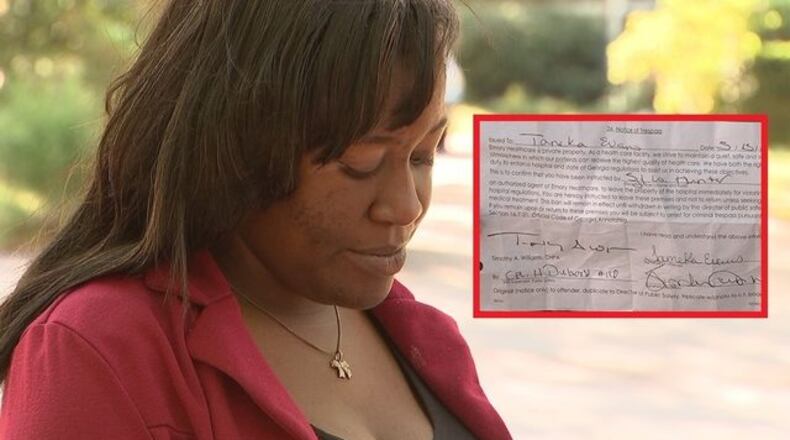 Tameka Evans was given a trespassing notice after she used the bathroom at Emory University Hospital Midtown, according to Channel 2 Action News. (Credit: Channel 2 Action News)