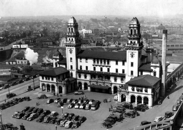 Visitors to Atlanta's grand Terminal Station, seen here in the 1930s, would have been greeted by the Samuel Spencer sculpture when they stepped into the plaza. (The statue is barely seen in the bottom left of this photo.) Terminal Station was demolished in 1972 to make way for the Richard B. Russell building. The Spencer statue has been relocated several times since.