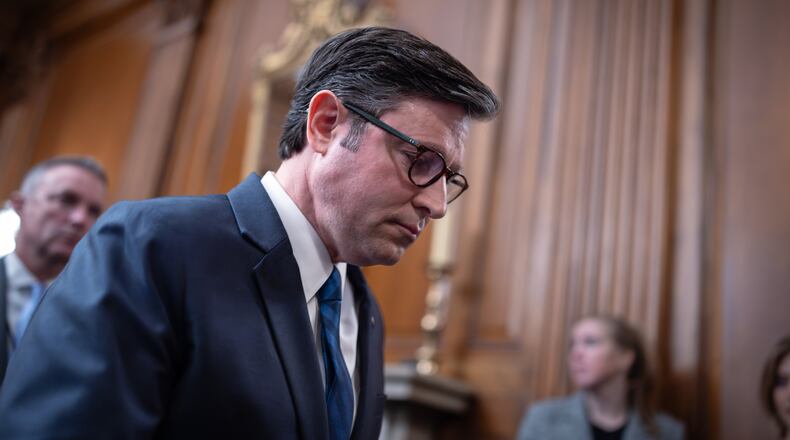 Speaker of the House Mike Johnson, R-La., departs a news conference on the 30th day of the government shutdown, at the Capitol in Washington, Thursday, Oct. 30, 2025. (AP Photo/J. Scott Applewhite)