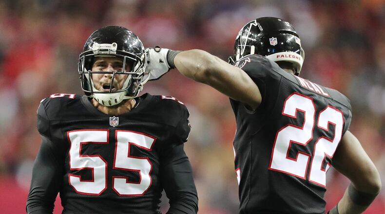 December 18, 2016, ATLANTA: Falcons linebacker Paul Worrilow and safety Keanu Neal celebrate a third down stop against the 49ers during the first half in NFL football game on Sunday, Dec. 18, 2016, in Atlanta. Curtis Compton/ccompton@ajc.com