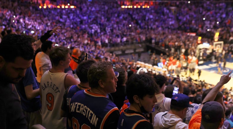 Nearly 15,000 fans attend Game 2 in an NBA basketball first-round playoff series between the Atlanta Hawks and the New York Knicks on Wednesday, May 26, 2021, at Madison Square Garden in New York. (Elsa/Pool Photo via AP)