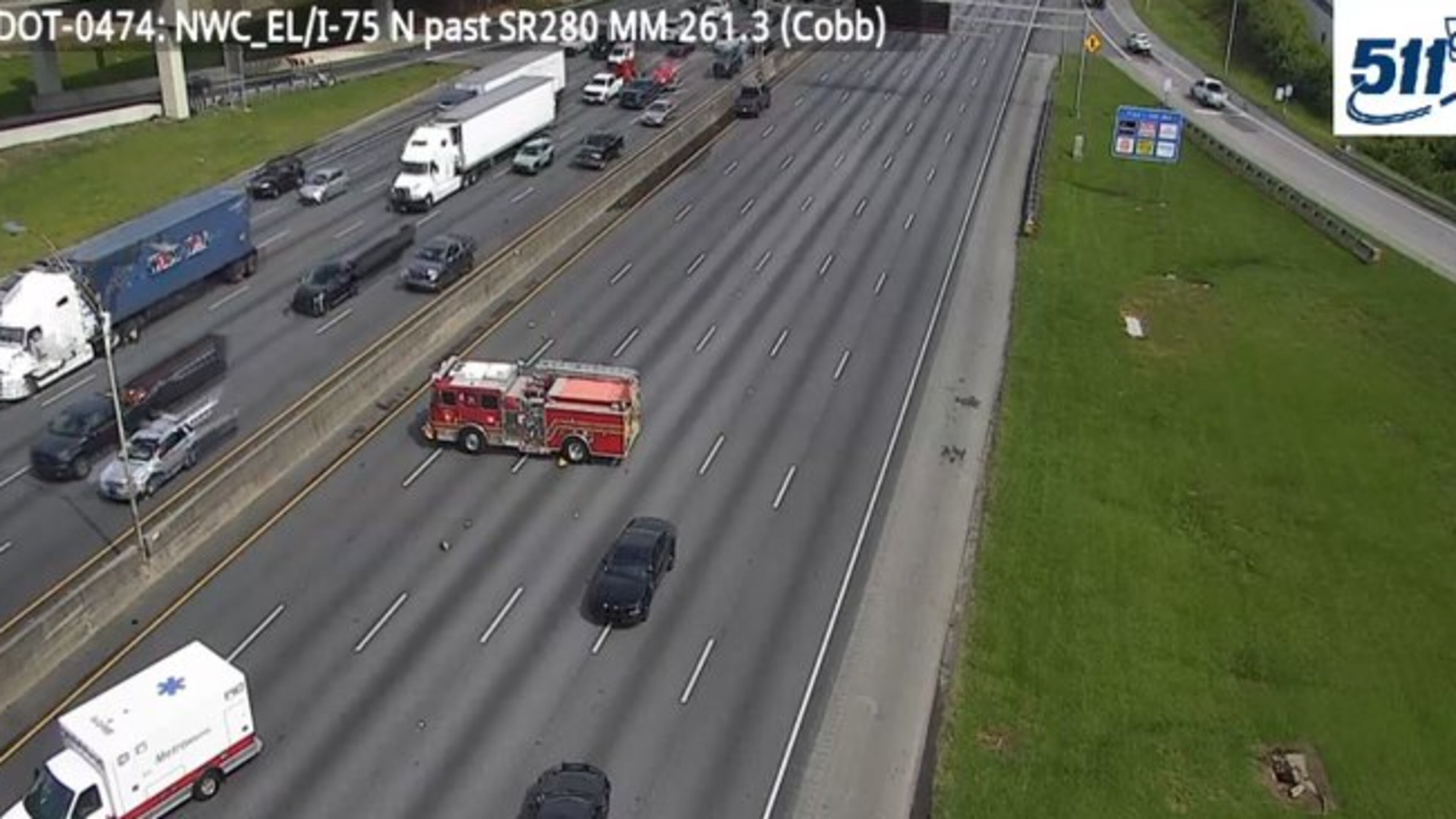 A deadly crash between a motorcycle and pickup truck happened just before 10:30 a.m. Tuesday on I-75 at Delk Road in Marietta, officials said. (Courtesy of the Georgia Department of Transportation)