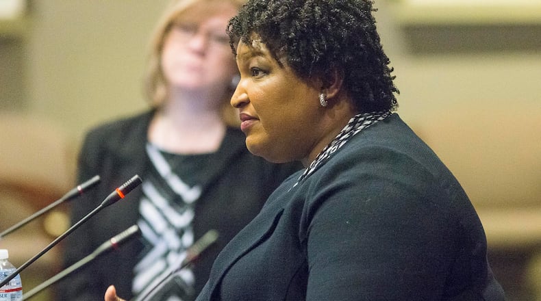 02/19/2019 -- Atlanta Georgia -- Fair Fight Action founder and Chair Stacey Abrams testifies about voting rights in Georgia during a field hearing on voting rights and difficulties facing voters in front of the United States House Administration Committee's elections subcommittee, chaired by U.S. Rep. Marcia Fudge, D-Ohio, at the Jimmy Carter Presidential Center in Atlanta, Tuesday, February 19, 2019. (ALYSSA POINTER/ALYSSA.POINTER@AJC.COM)
