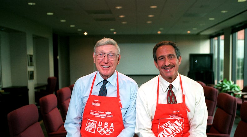 Home Depot co-founders Bernie Marcus and Arthur Blank are shown in the company boardroom in this 1997 photo.