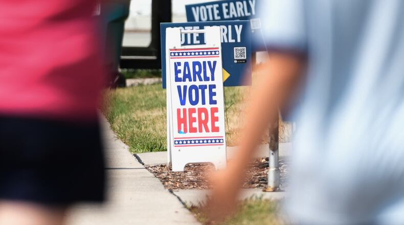Signs are displayed outside a polling place, Tuesday, July 28, 2026, in Milwaukee. (AP Photo/Nam Y. Huh)