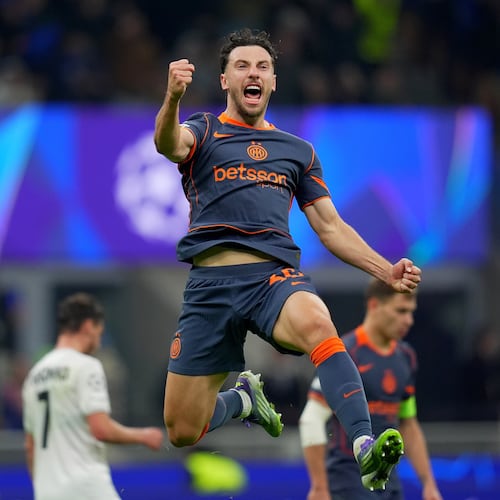 Inter Milan's Carlos Augusto celebrates after scoring during the Champions League soccer match between Inter Milan and Kairat, Wednesday, Nov. 5, 2025, in Milan, Italy. (Spada/LaPresse via AP)